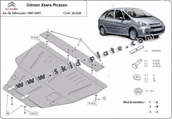 Steel skid plate for the protection of the engine and the gearbox for Citroen Xsara Picasso