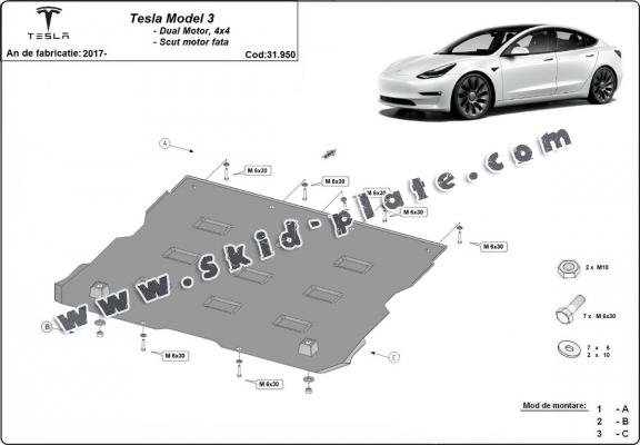 Front electric motor skid plate for Tesla Model 3 AWD